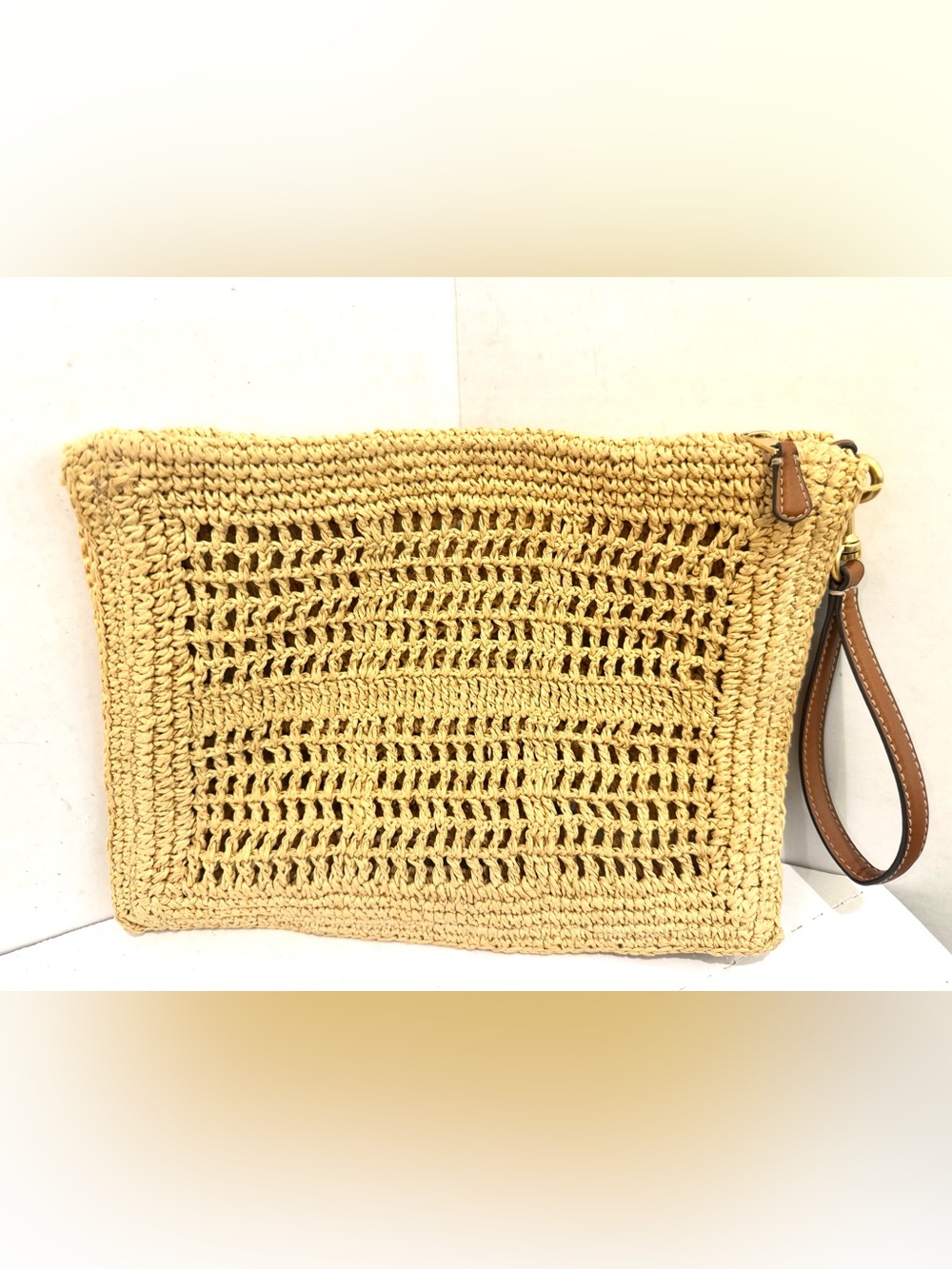 Tory Burch Ella Crochet Raffia Wristlet Clutch Natural Tan - Picture 3 of 7